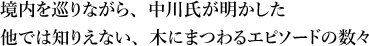 境内を巡りながら、中川氏が明かした他では知りえない、木にまつわるエピソードの数々