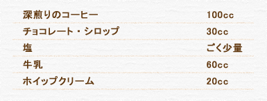 深煎りのコーヒー 100cc チョコレート・シロップ 30cc 塩 ごく少量 牛乳 60cc ホイップクリーム 20cc