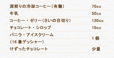 深煎りの冷却コーヒー（有糖） 70cc 牛乳 50cc コーヒー・ゼリー（さいの目切り） 130cc チョコレート・シロップ 10cc バニラ・アイスクリーム（16番デッシャー） 1個 けずったチョコレート 少量