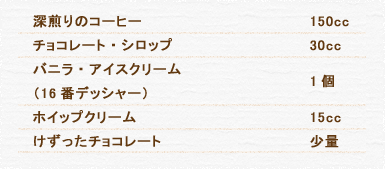 深煎りのコーヒー 150cc チョコレート・シロップ 30cc バニラ・アイスクリーム（16番デッシャー） 1個 ホイップクリーム 15cc けずったチョコレート 少量
