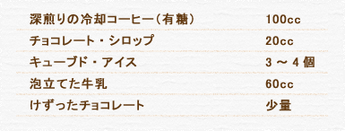 深煎りの冷却コーヒー（有糖） 100cc チョコレート・シロップ 20cc キューブド・アイス 3～4個 泡立てた牛乳 60cc けずったチョコレート 少量