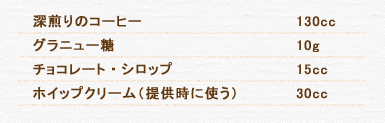 深煎りのコーヒー 130cc グラニュー糖 10g チョコレート・シロップ 15cc ホイップクリーム（提供時に使う） 30cc