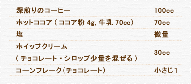 深煎りのコーヒー 100cc ホットココア(ココア粉4g,牛乳70cc) 70cc 塩 微量 ホイップクリーム(チョコレート・シロップ少量を混ぜる) 30cc コーンフレーク（チョコレート） 小さじ１