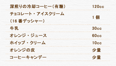 深煎りの冷却コーヒー（有糖） 120cc チョコレート・アイスクリーム（16番デッシャー） 1個 牛乳 30cc オレンジ・ジュース 60cc ホイップ・クリーム 10cc オレンジの皮 少量 コーヒーキャンデー 少量