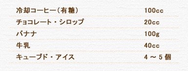 冷却コーヒー（有糖） 100cc チョコレート・シロップ 20cc バナナ 100g 牛乳 40cc キューブド・アイス 4～5個