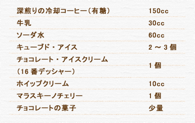 深煎りの冷却コーヒー（有糖） 150cc 牛乳 30cc ソーダ水 60cc キューブド・アイス 2～3個 チョコレート・アイスクリーム（16番デッシャー） 1個 ホイップクリーム 10cc マラスキーノチェリー 1個 チョコレートの菓子 少量