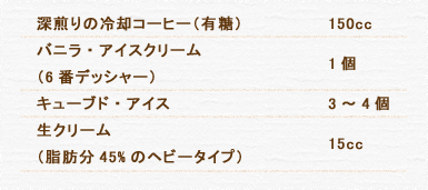 深煎りの冷却コーヒー（有糖） 150cc バニラ・アイスクリーム（6番デッシャー） 1個 キューブド・アイス 3～4個 生クリーム（脂肪分45%のヘビータイプ） 15cc