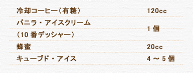 冷却コーヒー（有糖） 120cc バニラ・アイスクリーム（10番デッシャー） 1個 蜂蜜 20cc キューブド・アイス 4～5個