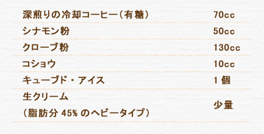 深煎りの冷却コーヒー（有糖） 150cc シナモン粉 少量 クローブ粉 少量 コショウ 少量 キューブド・アイス 3～4個 生クリーム（脂肪分45%のヘビータイプ） 20cc