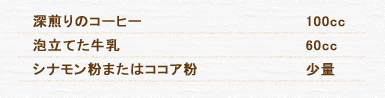 深煎りのコーヒー 100cc 泡立てた牛乳 60cc シナモン粉またはココア粉 少量