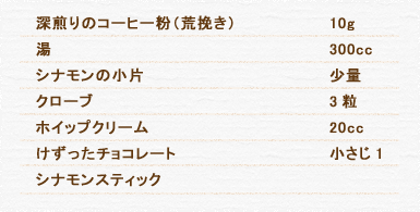 深煎りのコーヒー粉（荒挽き） 10g 湯 300cc シナモンの小片 少量 クローブ 3粒 ホイップクリーム 20cc けずったチョコレート 小さじ1 シナモンスティック