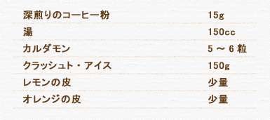 深煎りのコーヒー粉 15g 湯 150cc カルダモン 5～6粒 クラッシュト・アイス 150g レモンの皮 少量 オレンジの皮 少量