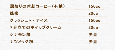 深煎りの冷却コーヒー（有糖） 150cc 蜂蜜 20cc クラッシュト・アイス 150cc ７分立てのホイップクリーム 20cc シナモン粉 少量 ナツメッグ粉 少量