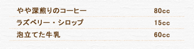 やや深煎りのコーヒー 80cc ラズベリー・シロップ 15cc 泡立てた牛乳 60cc